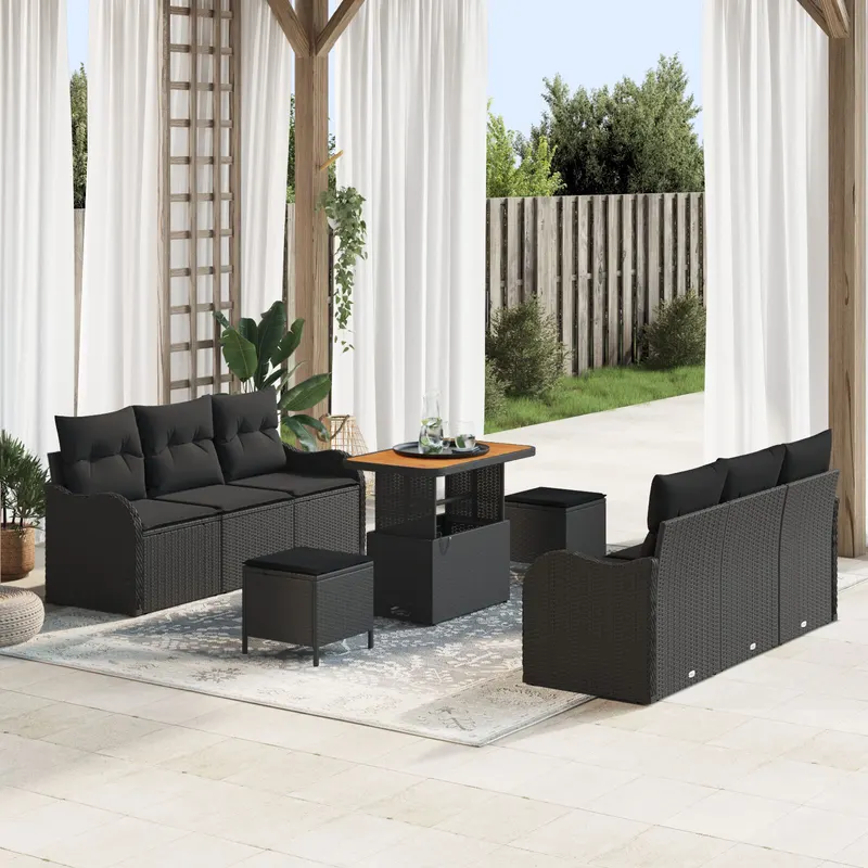 Set de sofa de gradina cu 9 piese cu pernite negru poliratan acacia, sofa de gradina cu 2 locuri cu pernite negru poliratan, set de dining de gradina cu 3 piese cu pernite negru poliratan acacia