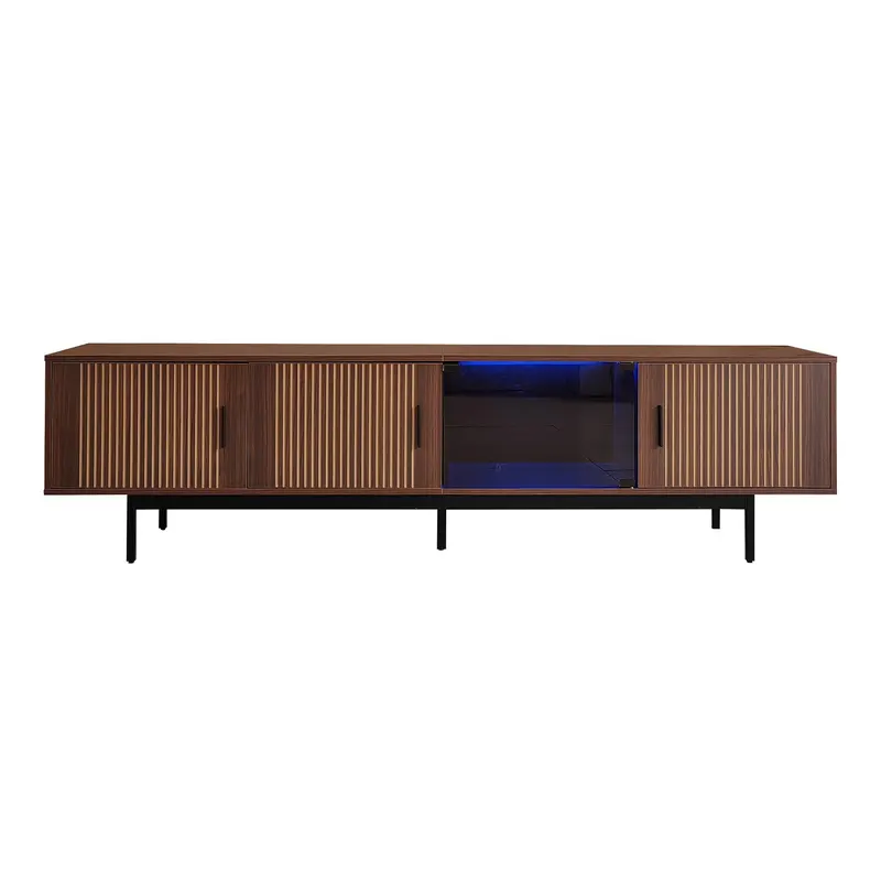 TV-Lowboard cu iluminare LED, 3 uși cu textură sculptată, mult spațiu de depozitare, 200x35x53 cm, Culoare naturală