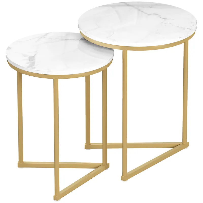 HOMCOM Set 2 măsuțe laterale, masă modernă de cafea cu picioare din oțel aurii pentru living, dormitor