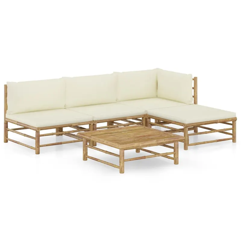 set mobilier de gradina, cu perne alb crem, 5 piese, bambus