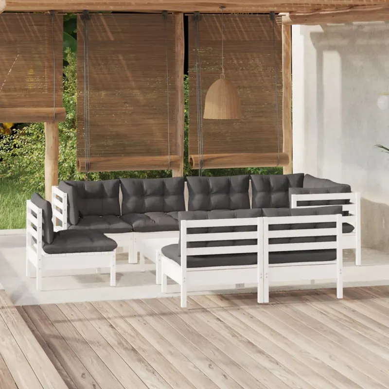 set mobilier gradina cu perne, 9 piese, alb, lemn masiv pin