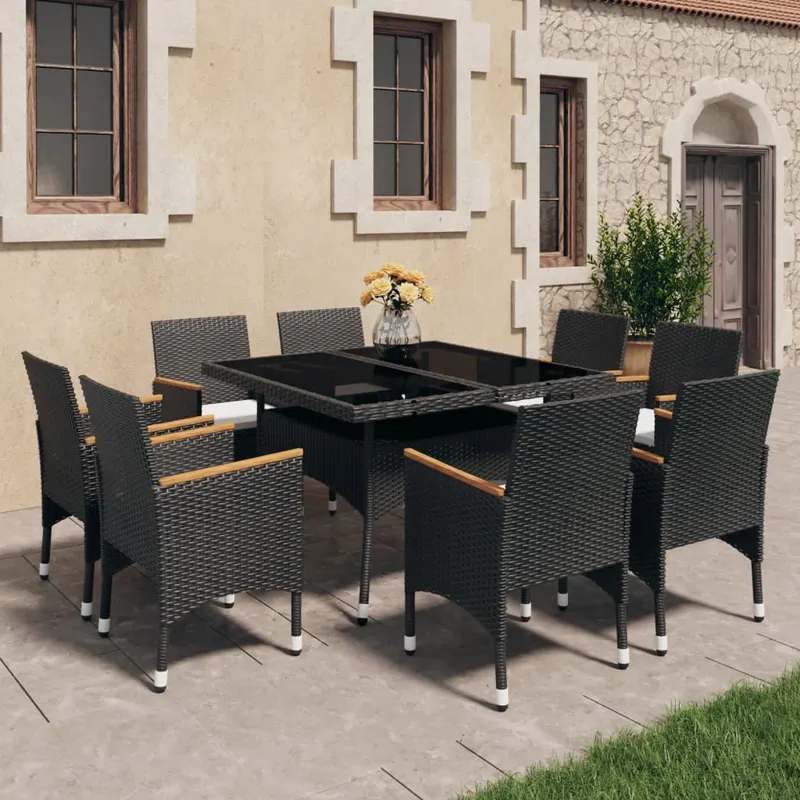 set mobilier gradina, 9 piese, negru, poliratan si lemn acacia