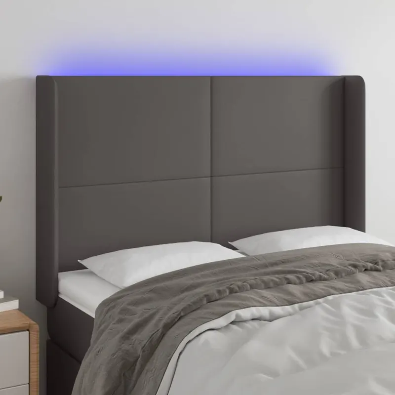 tablie de pat cu led, gri, 147x16x118/128 cm, piele ecologica