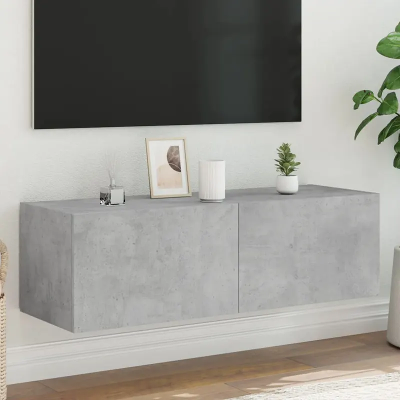 comoda tv de perete cu lumini led, gri beton, 100x35x31 cm