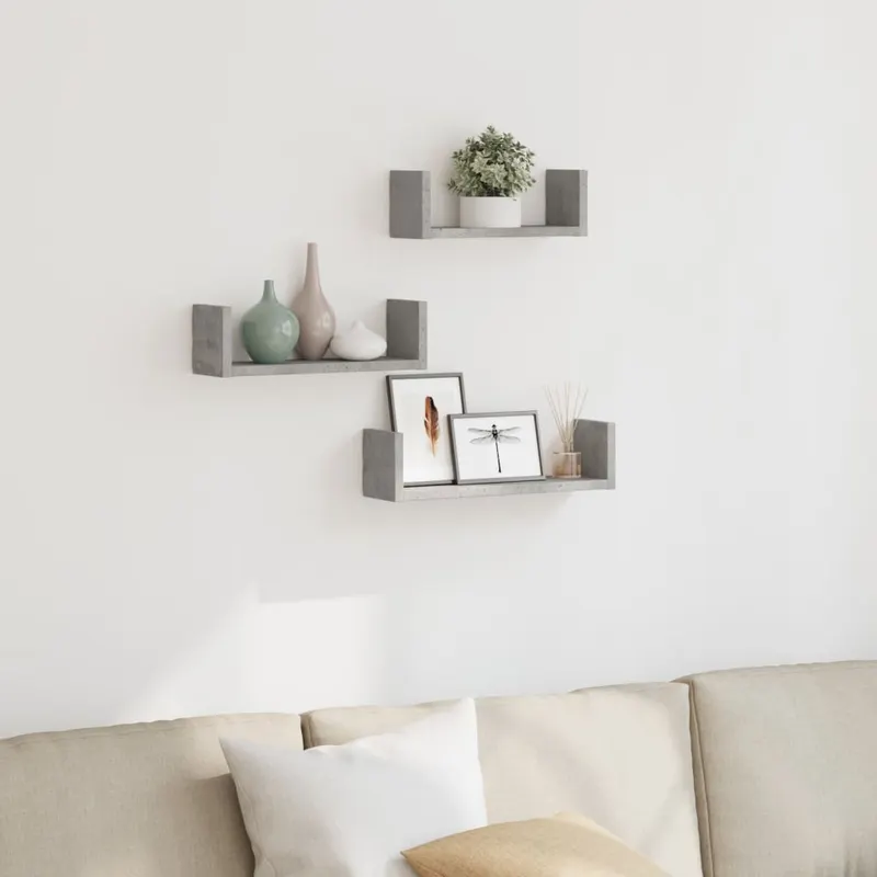 raft de perete, 3 buc., gri beton, lemn prelucrat