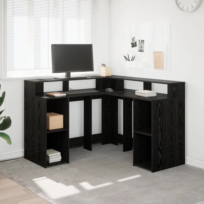 birou stejar negru 130x130x91 cm lemn prelucrat