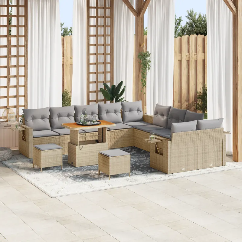 Set de sofa cu 13 piese cu perne bej poliratan acacia, set de dining pentru gradina cu 3 piese cu perne bej poliratan acacia