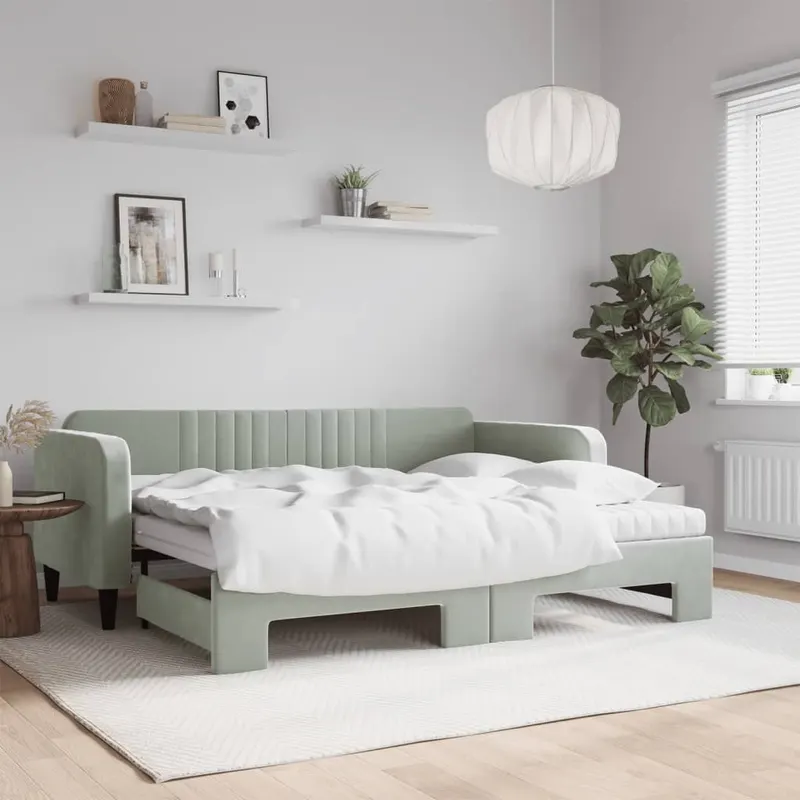 pat de zi cu extensie si saltele, gri deschis 90x200 cm catifea