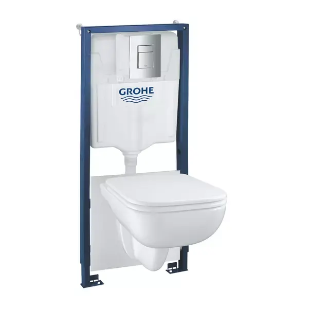 Set vas WC suspendat cu capac Grohe Start Edge rezervor incastrat Solido 5 in 1 cu clapeta crom Even