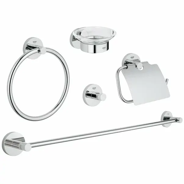 Pachet accesorii baie Grohe 40344001, Set Essentials, tip instalare pe perete, numar piese 5, pivotanta, crom