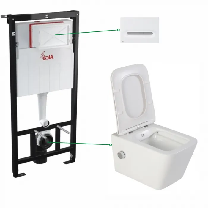 Set vas wc suspendat cu functie de bideu Safari si rezervor wc incastrat cu clapeta alb mat crom mat, Alcadrain