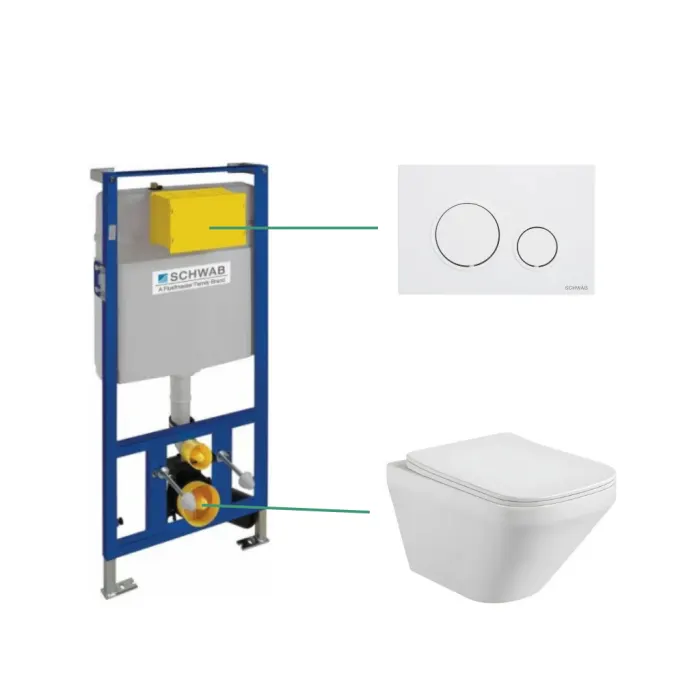 Set vas wc rimless suspendat Bristol cu rezervor incastrat Schwab si clapeta de actionare Schwab Vela