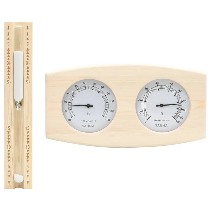 set 2 in 1 higrotermograf si clepsidra de sauna, lemn masiv pin
