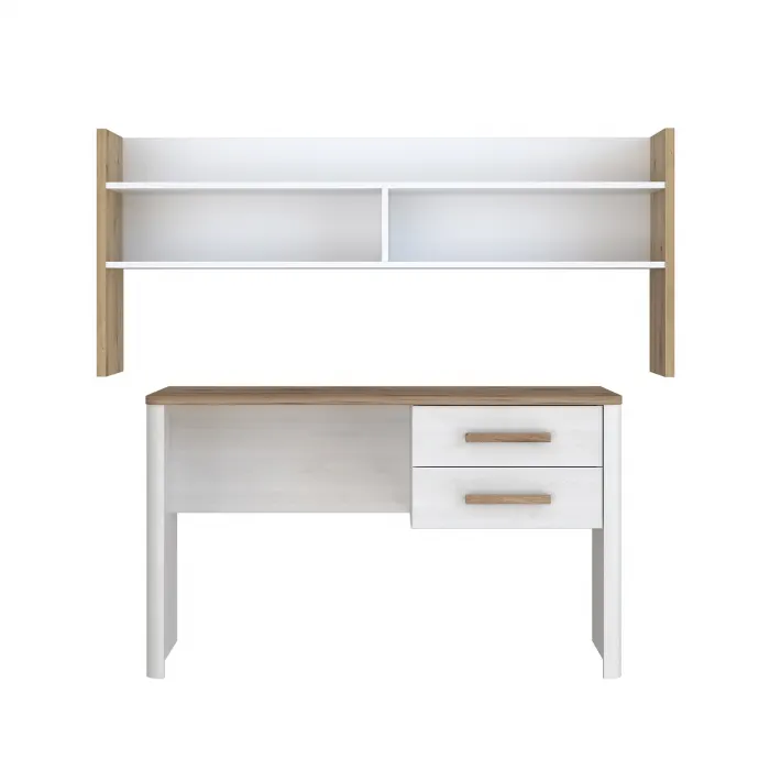 Set Birou RAMIRO, cu 2 sertare 125x60x74 cm + etajera birou RAMIRO, cu spatii depozitare, 140x26x60 cm, alb + stejar Artisan