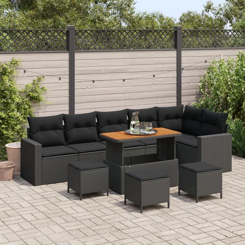 Set de sofa de gradina cu 9 piese si pernute - poliratan negru si acacia, set de cina de gradina cu 3 piese si pernute - poliratan negru si acacia