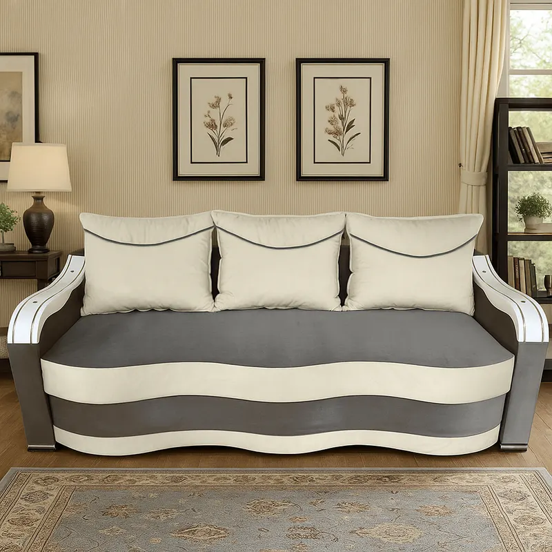 Canapea DIANA extensibila, 3 locuri, cu lada de depozitare, catifea crem cu gri , 220x100x80 Gri + Crem, Catifea
