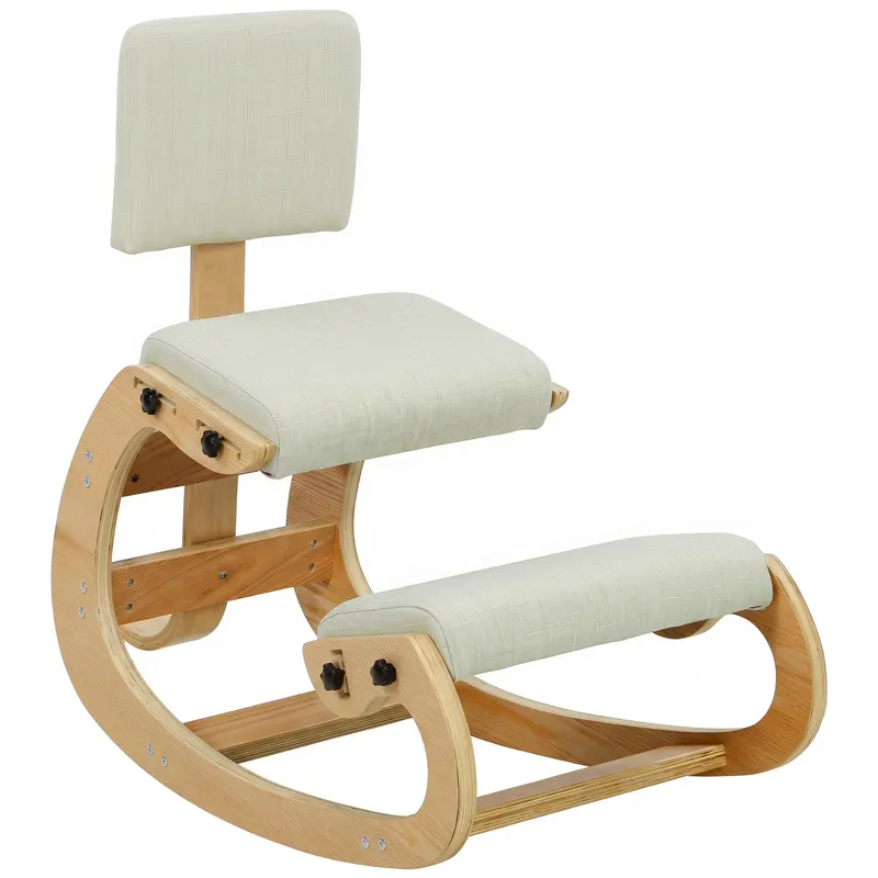 HOMCOM Scaun Ergonomic pentru Genunchi cu Spatar, Balansoar, Postural, Lemn Mesteacan, Crem