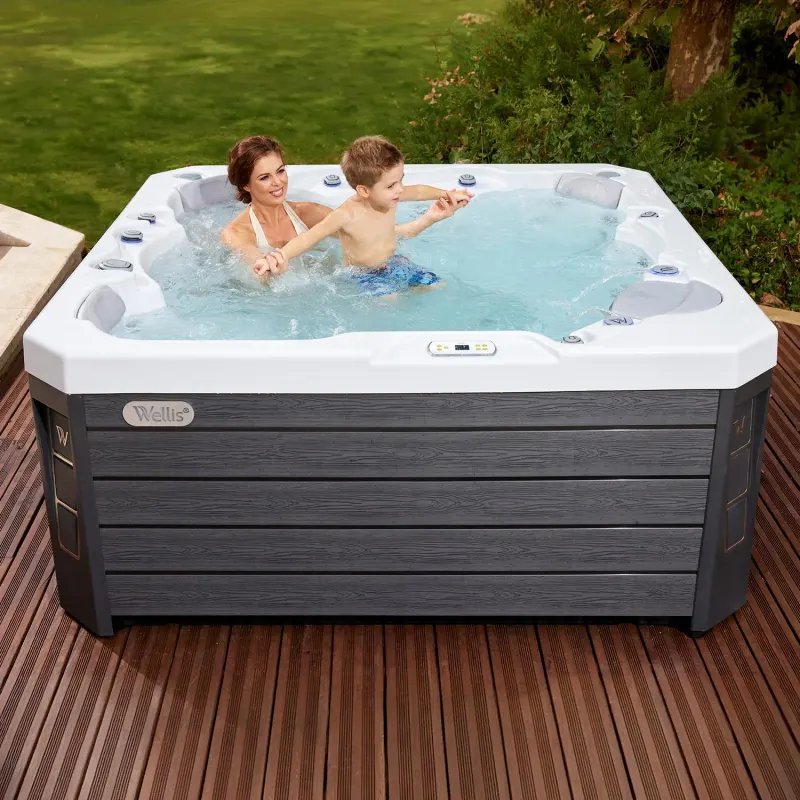 Minipiscina jacuzzi 6 persoane, alb-lucios, 50 jeturi hidromasaj, scara inteligenta cu suport pentru pompa de caldura, 200 200 cm, WiFi, sistem audio, Wellis Prague CityLife Premium