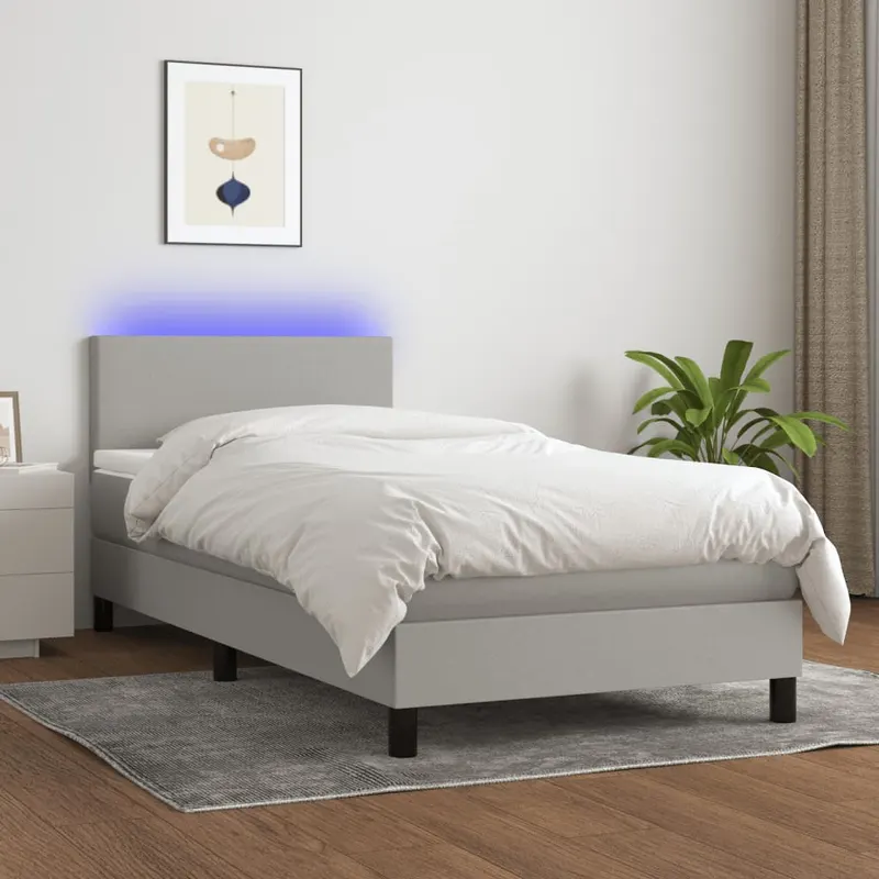 pat cu arcuri, saltea si led, gri deschis, 90x200 cm, textil