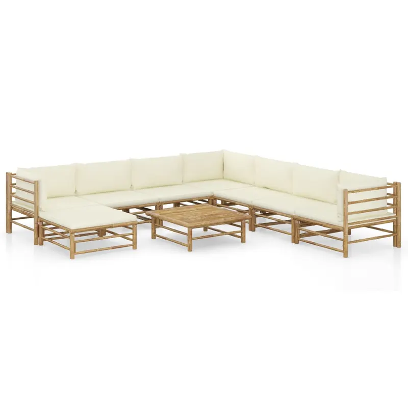 set mobilier de gradina, cu perne alb crem, 9 piese, bambus