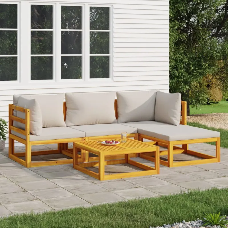 set mobilier gradina, perne gri deschis, 5 piese, lemn masiv