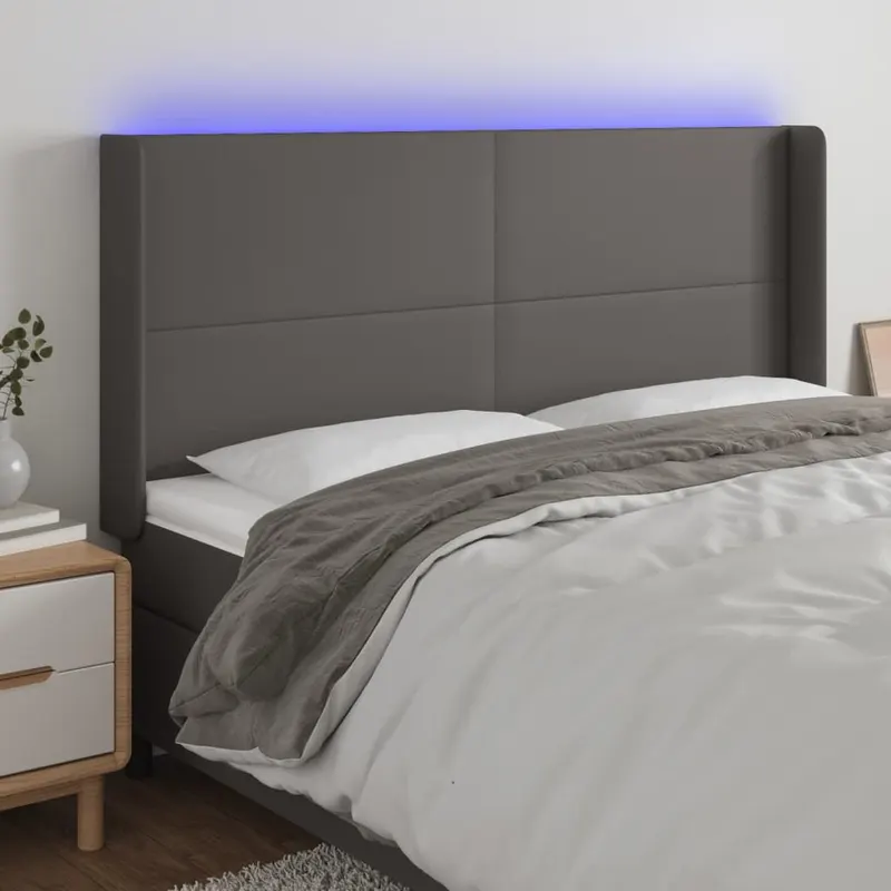 tablie de pat cu led, gri, 183x16x118/128 cm, piele ecologica