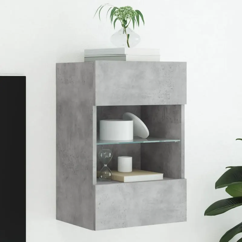 comoda tv de perete cu lumini led, gri beton, 40x30x60,5 cm