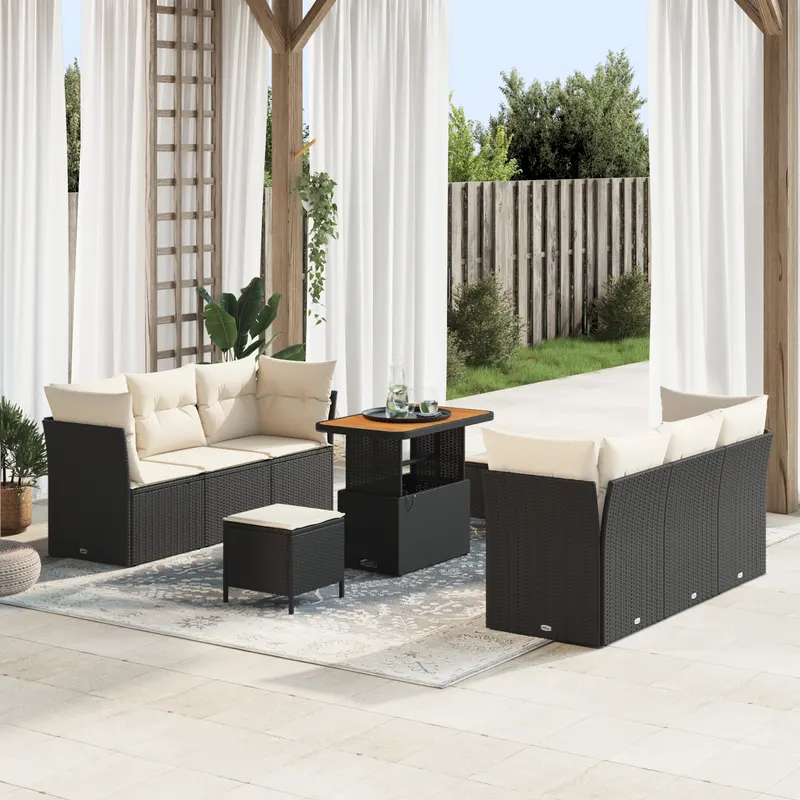Set de canapea pentru gradina cu 9 piese cu perne negru ratan polimer acacia, set de dining pentru gradina cu 3 piese cu perne negru ratan polimer acacia