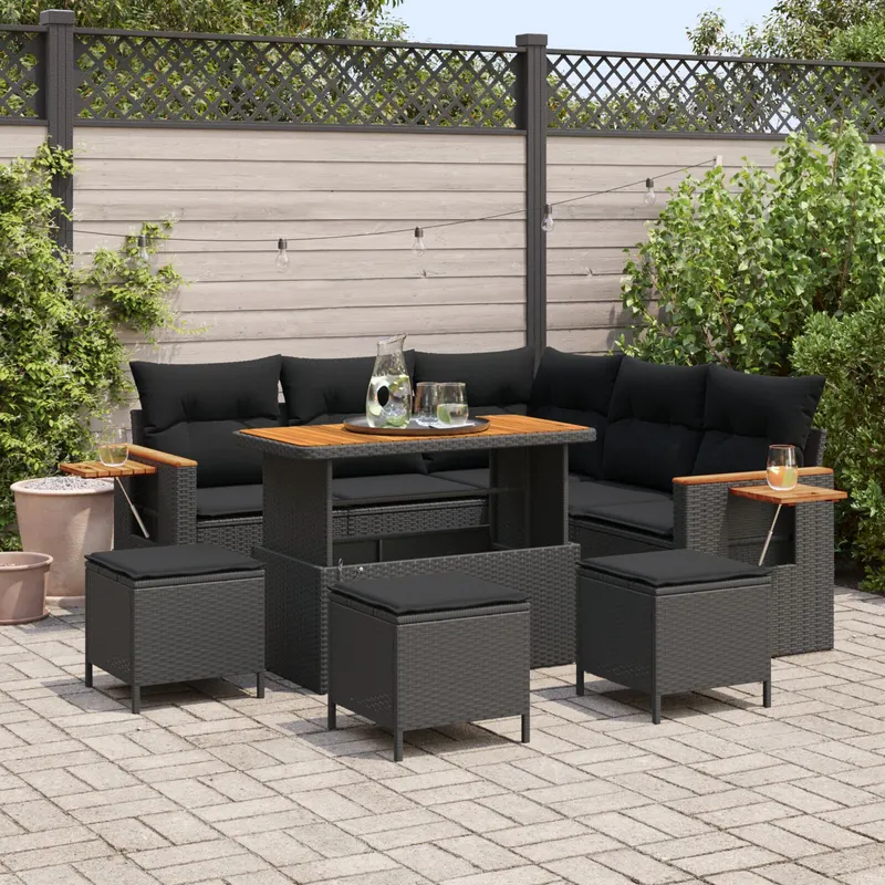 Set canapea pentru gradina de 8 piese cu perne negru poli ratan acacia, set de 3 piese pentru gradina cu perne negru poli ratan acacia