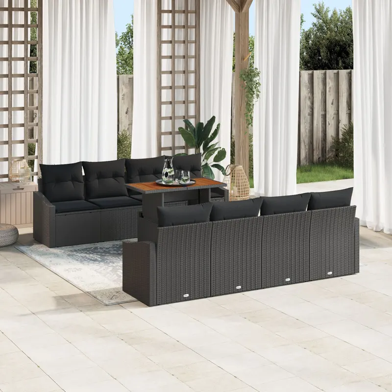 set de dining pentru gradina cu 9 piese si perne, ratan poli black, acacia