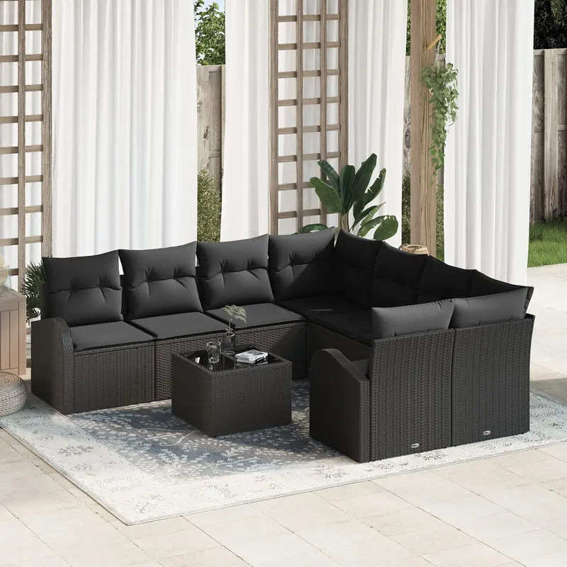 Set canapea gradina 9 piese cu pernute negru ratan poli, canapea gradina 2 persoane cu spatiu depozitare & pernute negru ratan poli
