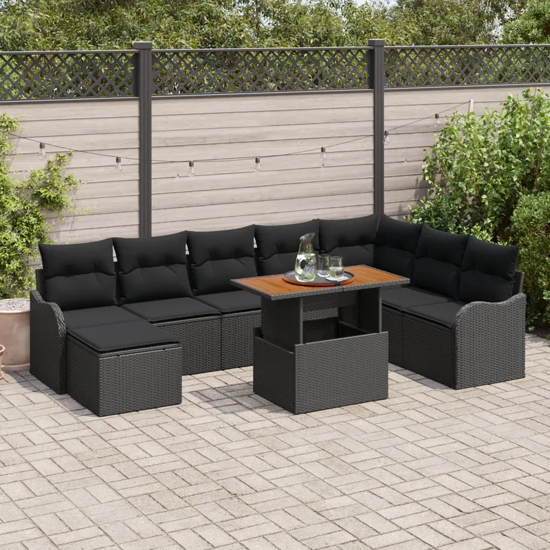 Set de canapele pentru gradina cu pernute ratan negru poliester acacia, canapea pentru gradina cu 2 locuri si pernute ratan negru poliester