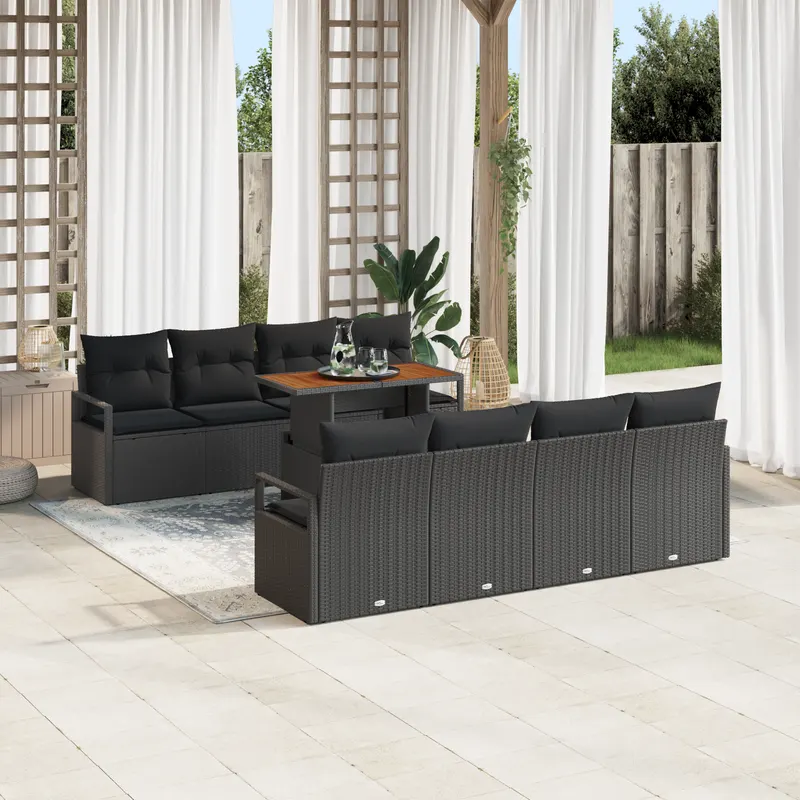 Set de sofa gradina 9 piese cu perne negru poliratan, sofa gradina 2-persoane cu depozitare & perne negru poliratan