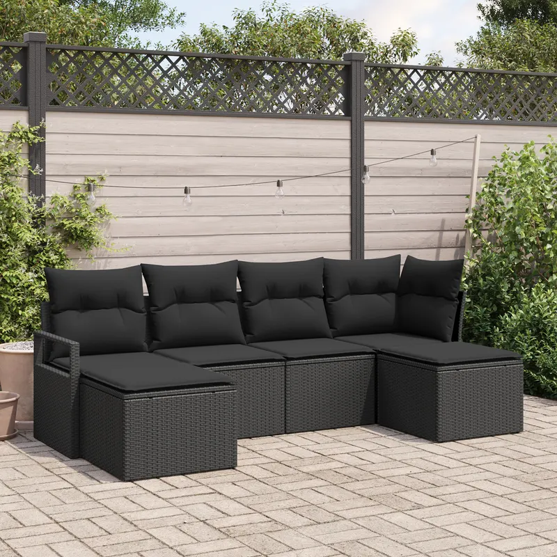 Set de canapea de gradina cu 6 perne ratan poliester negru, canapea de gradina cu depozitare si 2 perne ratan poliester negru