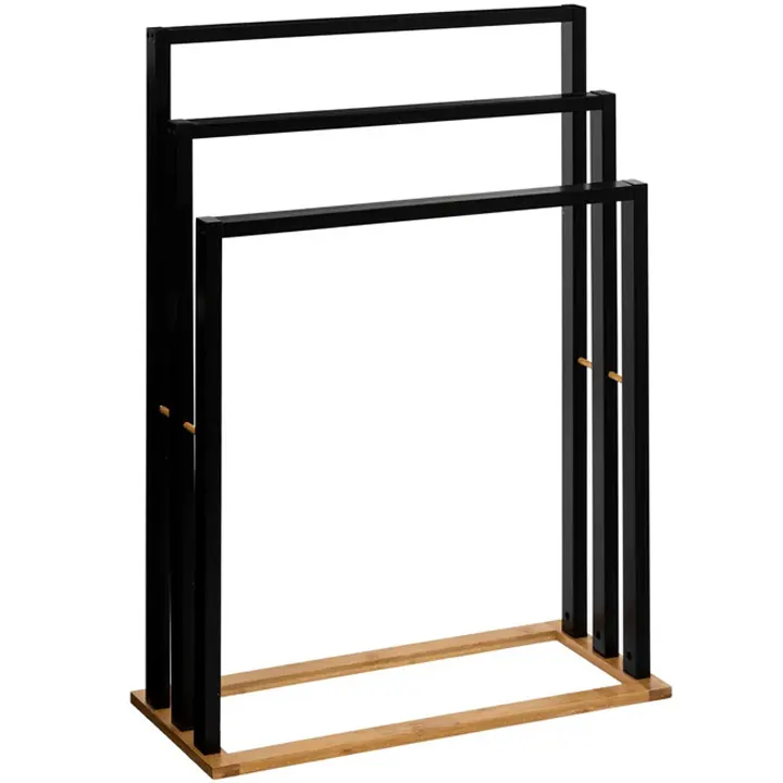 Suport prosoape mdf si bambus 3 brate, 55x24x82 cm, design minimalist, negru