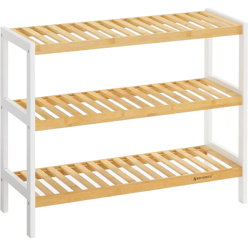 Raft de depozitare din bambus, cu 3 niveluri, 26x70x55cm, alb si maro