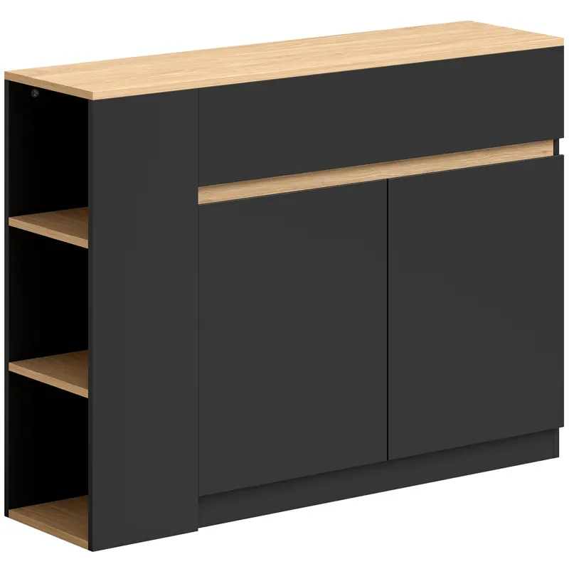 HOMCOM Bufet, compartiment mare, raft în 3 trepte, sertar, negru, 110 x 29,5 x 82 cm