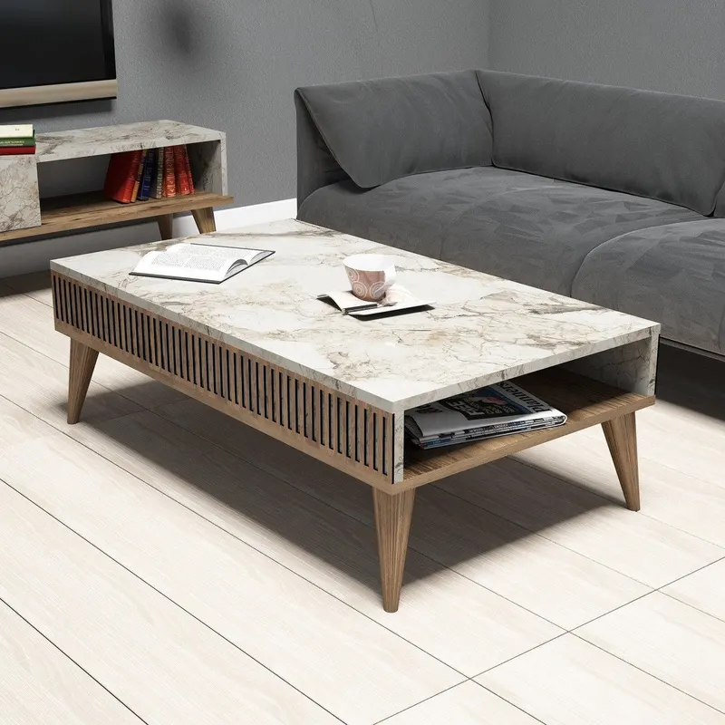 Masuta de cafea Milan - Walnut, White Marble, Nuc, 105x35x60 cm - Nuc