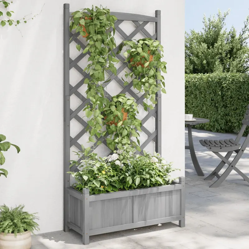 jardiniera cu spalier, gri, lemn masiv de brad
