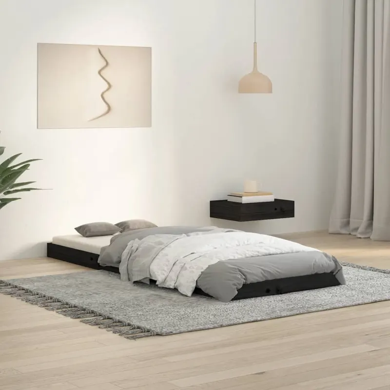 cadru de pat, negru, 75x190 cm, mic, single, lemn masiv de pin