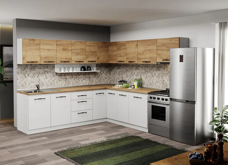 Mobila Bucatarie pe colt alba cu lemn Aroma - 36 - 260x260 cm