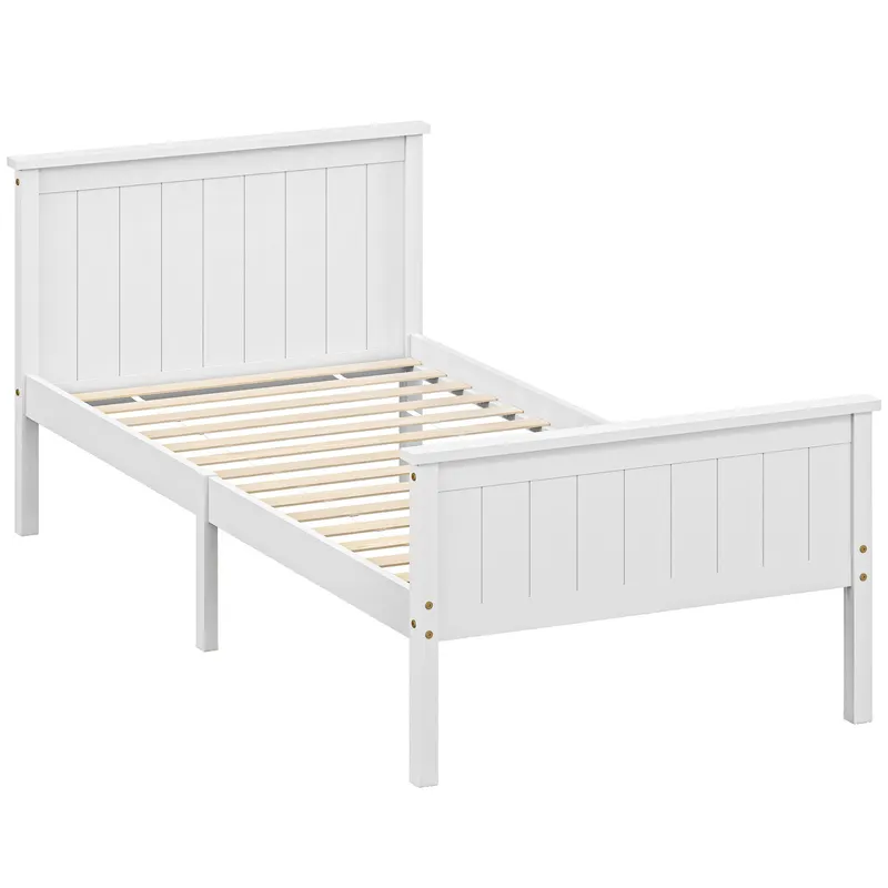 HOMCOM Cadru de pat 90 x 200 cm, pat simplu din lemn masiv cu somieră cu lamele, tăblie și tablie la picioare incluse, asamblare ușoară, alb