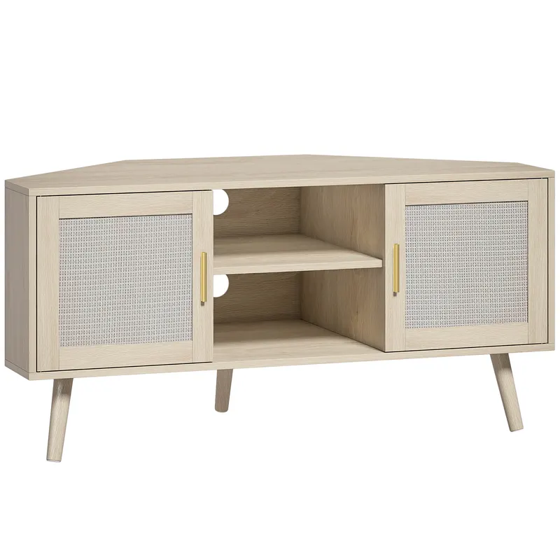 HOMCOM Comodă TV de colț 115 cm, mobilier pentru televizoare până la 165,1 cm, 2 uși din ratan 2 compartimente, stejar