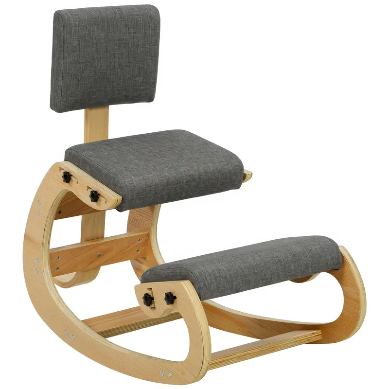 HOMCOM Scaun Ergonomic pentru Genunchi cu Spatar, Balansoar, Postural, In si Lemn Mesteacan, Gri