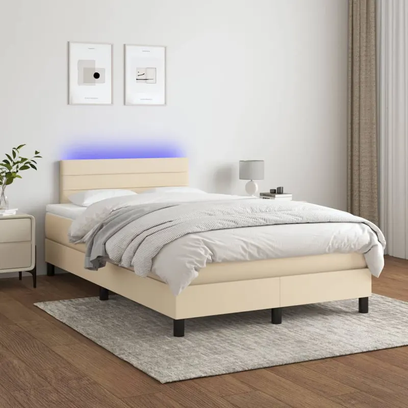 pat cu arcuri, saltea si led, crem, 120x200 cm, textil