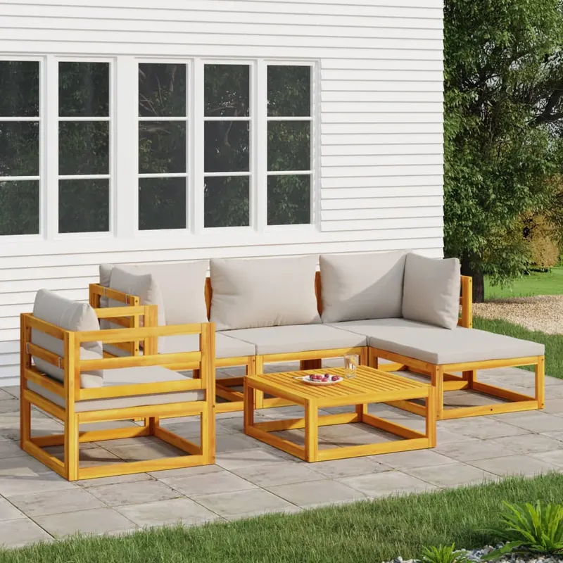 set mobilier gradina, perne gri deschis, 6 piese, lemn masiv