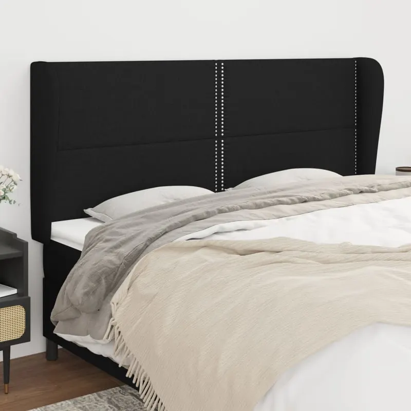 Tablie de pat cu aripioare, negru, 203x23x118/128 cm, textil