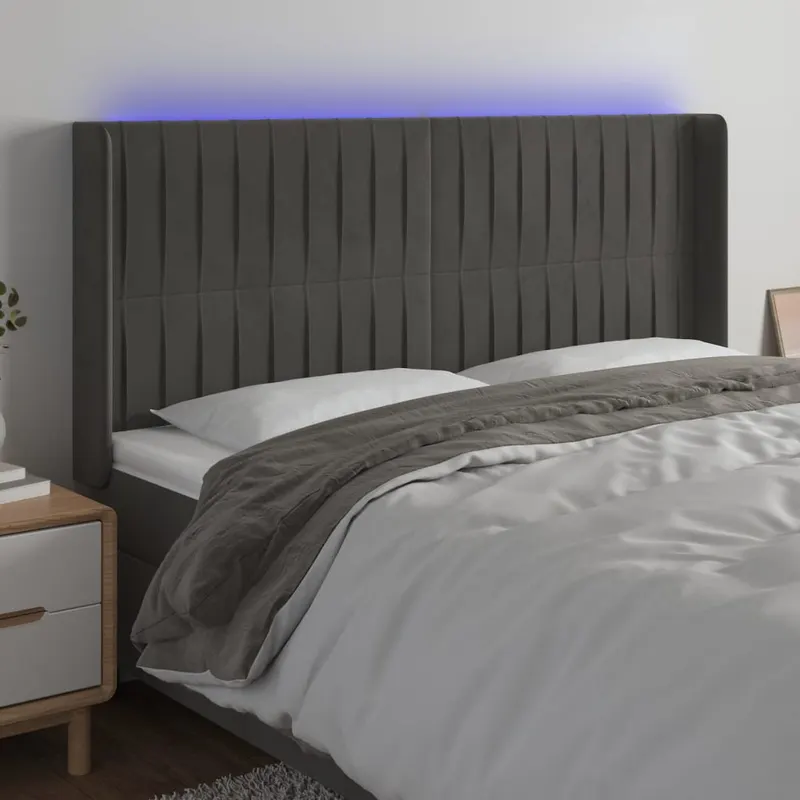 tablie de pat cu led, gri inchis, 203x16x118/128 cm, catifea