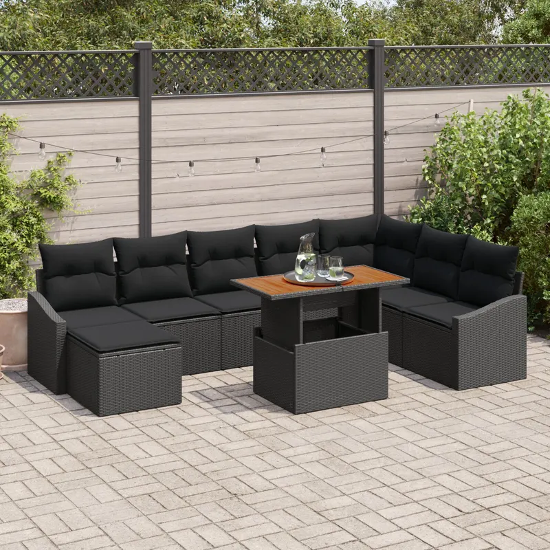 set de dining pentru gradina cu 9 piese si perne, ratan polirat negru, acacia