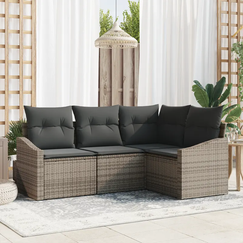 set de dining pentru gradina cu 4 piese si perne gri din ratan poliesteric